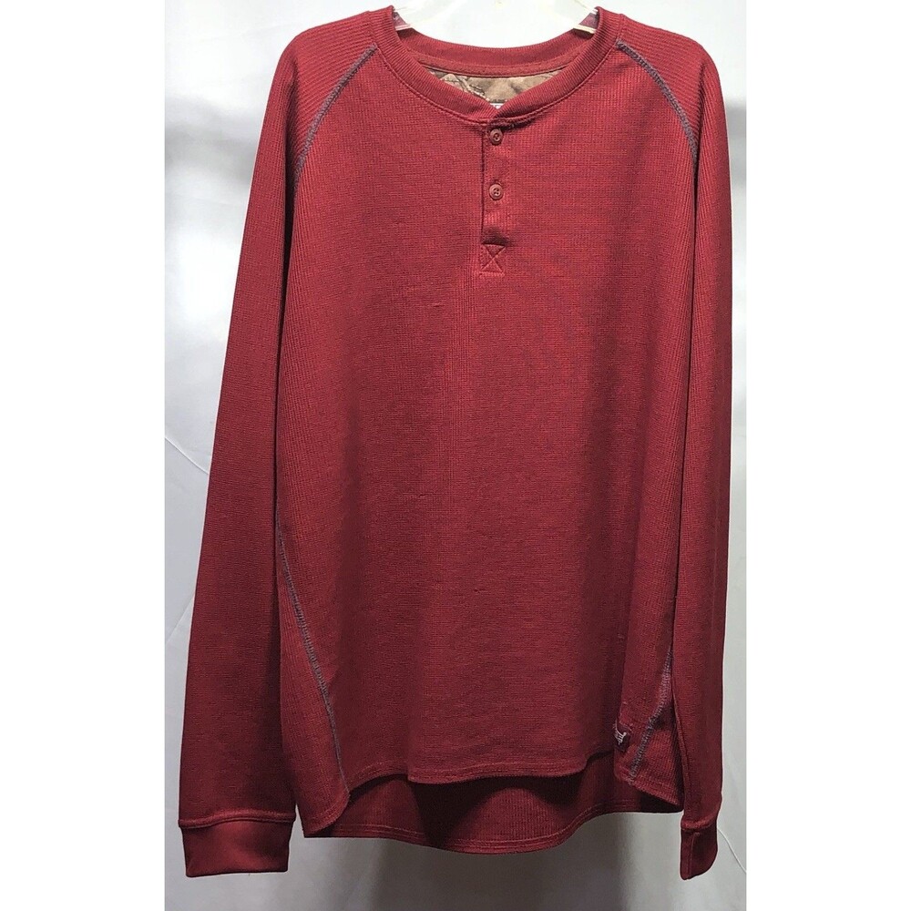 Real Tree Thermal Henley Jersey Shirt L Red Long Sleeve 2 Button outdoor Cabin